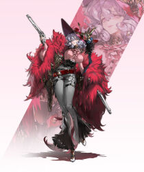 1girl absurdres bell-bottoms belt black_corset buttons corset feather_boa full_body gun hat hat_ornament heart heart_hat_ornament highres holding holding_gun holding_weapon holster leg_up looking_at_viewer mintcandyboxxx original pants pink_eyes pink_shirt poet_shirt red_hat shirt solo stepping thigh_holster weapon zoom_layer