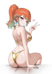 1girl absurdres ass bikini breasts colored_inner_hair commentary earrings feather_earrings feathers from_behind gold_bikini golden_week gradient_hair green_feathers green_hair grin halterneck hand_up highres hololive hololive_english jewelry looking_at_viewer looking_back median_furrow multicolored_hair orange_hair purple_eyes raikkonen shoulder_blades simple_background sitting smile solo string_bikini swept_bangs swimsuit takanashi_kiara v virtual_youtuber white_background