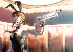 1girl animal_ears azasuke beretta_92 black_lagoon black_leotard blurry blurry_foreground brown_hair cigarette depth_of_field earpiece fake_animal_ears finger_on_trigger grin gun handgun highleg highleg_leotard highres leotard looking_at_viewer nail_polish playboy_bunny ponytail rabbit_ears revy_(black_lagoon) smile smoking solo weapon