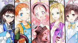 5girls :d :p absurdres apron black-framed_eyewear black_hair black_hairband blonde_hair blue_background blue_dress blue_eyes blue_overalls blunt_bangs bob_cut bokujou_monogatari bokujou_monogatari:_mineral_town_no_nakama_tachi book bottle bow bowtie braid braided_ponytail branch brown_corset brown_eyes brown_hair character_name collared_dress column_lineup cork_popping corset cross-laced_clothes cross-laced_corset curled_fingers curly_hair curtained_hair dango dress elli_(bokujou_monogatari) food frilled_apron frilled_shirt_collar frilled_sleeves frills glasses green_eyes grey_eyes hair_bow hair_over_shoulder hairband hand_on_own_cheek hand_on_own_face highres holding holding_book holding_bottle holding_food holding_tray karen_(bokujou_monogatari) lilith_ker long_hair long_sleeves looking_at_viewer looking_to_the_side low-braided_long_hair low-tied_long_hair maid_apron maria_(bokujou_monogatari) multiple_girls neck_ribbon o3o one_eye_closed open_clothes open_mouth open_vest orange_hair overalls parted_bangs pie pie_slice pinafore_dress pink_background pink_eyes pink_hair popuri_(bokujou_monogatari) puffy_long_sleeves puffy_sleeves purple_background purple_vest ran_(bokujou_monogatari) rectangular_eyewear ribbon shirt short_bangs short_sleeves side_part sidelocks single_braid sleeveless sleeveless_dress sleeveless_shirt smile teeth tongue tongue_out tray turtleneck turtleneck_dress upper_body upper_teeth_only v-shaped_eyebrows vest wagashi white_apron white_bow white_shirt wine_bottle wing_collar yellow_background yellow_bow yellow_bowtie yellow_shirt
