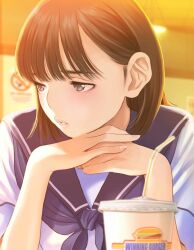 1girl anegasaki_nene backlighting blue_neckerchief blue_sailor_collar brown_eyes brown_hair ceiling ceiling_light cup disposable_cup drinking_straw evening fast_food furrowed_brow half-closed_eyes hand_on_own_cheek hand_on_own_chin hand_on_own_face head_rest highres indoors looking_to_the_side love_plus medium_hair neckerchief official_art own_hands_together parted_lips poster_(object) raised_inner_eyebrows sailor_collar school_uniform serafuku short_sleeves solo summer_uniform