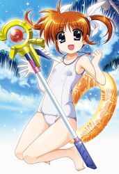 Rule 34 | 1girl, bare arms, barefoot, blue eyes, breasts, collarbone, commentary request, day, full body, hair ribbon, higa yukari, highres, jewelry, jumping, looking at viewer, lyrical nanoha, mage staff, mahou shoujo lyrical nanoha, mahou shoujo lyrical nanoha the movie 1st, necklace, official art, old school swimsuit, one-piece swimsuit, open mouth, orange hair, palm tree, pearl necklace, raising heart, raising heart (device mode) (1st), raising heart (standby mode), ribbon, school swimsuit, short hair, sky, small breasts, smile, solo, swimsuit, takamachi nanoha, thighs, tree, twintails, white one-piece swimsuit, white ribbon