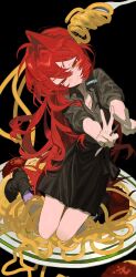 1girl :3 absurdres ahoge ankle_socks black_background black_boots black_shirt black_skirt boots character_request closed_mouth collared_shirt copyright_request double_v english_text food fork frown full_body hair_between_eyes hair_intakes half-closed_eyes highres kneeling long_hair looking_at_viewer meatball open_clothes open_shirt partially_unbuttoned pasta plate purple_socks red_eyes red_hair sample_watermark shirt simple_background skirt smug socks solo spaghetti spaghetti_and_meatballs three-quarter_sleeves v very_long_hair watermark ze0reo