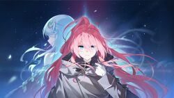 2girls ahoge back-to-back blue_eyes closed_mouth commentary counter:side crescent crescent_hair_ornament english_commentary esterosa_de_chevalier faceless faceless_female gloves grace_birmingham grey_cloak hair_between_eyes hair_ornament highres holding_cloak looking_at_viewer multiple_girls night night_sky official_art pink_hair ponytail sky star_(sky) star_(symbol) star_hair_ornament starry_sky upper_body v-shaped_eyebrows white_gloves