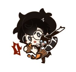 ! 1boy amamiya_ren bag black-framed_eyewear black_hair black_jacket black_pants cat chibi colored_speech_bubble double-parted_bangs food food_wrapper glasses grey_eyes guluguluver hair_between_eyes holding holding_food jacket male_focus morgana_(cat)_(persona_5) morgana_(persona_5) open_mouth outstretched_arm pants persona persona_5 plaid_clothes plaid_pants round_eyewear school_uniform short_hair shoulder_bag shuujin_academy_school_uniform simple_background speech_bubble spoken_exclamation_mark tears tuxedo_cat white_background