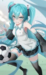 1girl absurdres aqua_eyes aqua_hair aqua_necktie armpits ball black_skirt black_thighhighs blush boots detached_sleeves eikawa_suru hair_between_eyes hair_ornament hatsune_miku highres long_hair looking_at_viewer miniskirt necktie open_mouth parted_lips shirt skirt sleeveless sleeveless_shirt smile soccer_ball thigh_boots thighhighs twintails very_long_hair vocaloid white_shirt zettai_ryouiki