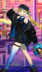 1girl anklet asymmetrical_legwear b_suke bag bare_shoulders black_boots black_dress black_hat black_jacket blonde_hair blue_bag blue_socks blue_thighhighs boots breasts calamity_jane_(fate) calamity_jane_(celebratory_attire)_(fate) chair character_doll commentary_request doll dress earrings facial_mark fate/grand_order fate_(series) green_eyes green_nails grin hand_up handbag hat holding holding_bag hoop_earrings ishtar_(fate) jacket jewelry lamppost large_breasts long_hair long_sleeves looking_at_viewer nail_polish necklace newsboy_cap off_shoulder official_art outdoors short_dress side_ponytail single_sock single_thighhigh sleeveless sleeveless_dress smile socks solo space_ishtar_(fate) space_ishtar_(second_ascension)_(fate) star_(symbol) star_facial_mark star_tattoo table tattoo thigh_strap thighhighs uneven_legwear v walking