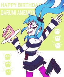amemiya_darumi black_hair blue_hair cake cake_slice food hand_up heart holding holding_plate makeup multicolored_hair one_leg_raised pink_eyes pink_thighhighs plate pleated_skirt runny_makeup shirt skirt skull_print standing striped_clothes striped_shirt the_hundred_line_-last_defense_academy- thighhighs tongue tongue_out twintails