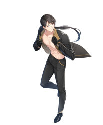 1boy abs black_gloves black_hair black_jacket black_pants black_shoes blue_eyes cheolsu_(closers) closers gloves highres jacket long_hair long_sleeves low_ponytail male_focus official_art open_clothes open_jacket pants pectorals ponytail shoes simple_background solo white_background