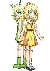 2girls :d antennae back-to-back bare_arms bare_shoulders black_shoes blonde_hair blush bobby_socks boots collared_shirt dress dress_shirt dual_persona flower flower-shaped_pupils green_boots green_dress green_eyes green_hair green_wings hair_flower hair_ornament holding_hands idolmaster idolmaster_cinderella_girls interlocked_fingers mary_janes multiple_girls open_mouth pixel_art puffy_short_sleeves puffy_sleeves red_flower regular_mow shirt shoes short_sleeves simple_background sleeveless sleeveless_dress smile socks symbol-shaped_pupils watermark white_background white_shirt white_socks wings yellow_dress yellow_flower yusa_kozue