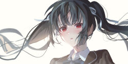 1girl aha1027 black_capelet black_dress black_hair blue_ribbon blush brown_eyes buttons capelet collared_shirt colored_eyelashes double-breasted dress eyelashes hair_between_eyes hair_ribbon headshot highres honma_misuzu light_blush long_hair neck_ribbon open_mouth parted_lips red_eyes ribbon sakura_no_toki sakura_no_uta school_uniform shirt simple_background solo standing straight_hair twintails upper_body white_background white_ribbon white_shirt