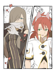1boy 1girl animal_ears bare_shoulders black_shirt blue_eyes blush breasts brown_dress brown_gloves brown_hair brown_sleeves buttons cat cat_ears cropped_shirt detached_sleeves dress emphasis_lines fake_animal_ears gloves green_eyes hair_between_eyes hair_over_one_eye heart jacket jjjjj_jin long_hair looking_at_another looking_at_viewer luke_fon_fabre midriff open_mouth popped_collar red_hair shirt short_hair short_sleeves sidelocks sleeveless sleeveless_dress sweatdrop tales_of_(series) tales_of_the_abyss tear_grants upper_body white_gloves white_jacket