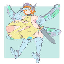 1girl blue_eyes boots breasts covered_erect_nipples elbow_gloves fairy female_focus flat_color full_body gallica_(metaphor:_refantazio) gigantic_breasts gloves hair_over_one_eye highres kittenboogers metaphor:_refantazio nipple_slip nipples orange_hair pointy_ears short_hair solo sword thigh_boots torn_clothes weapon