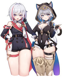 2girls :3 absurdres animal_ear_fluff animal_ears animal_hood armored_boots belt black_gloves black_leotard black_shirt black_shorts blue_eyes boots breasts cat_ears cat_girl cat_hood cat_tail chideno cipher_(honkai:_star_rail) cleavage commentary_request elbow_gloves fingerless_gloves gloves gold_boots high-waist_shorts highres honkai:_star_rail honkai_(series) hood large_breasts leotard looking_at_viewer mole mole_on_breast multicolored_hair multiple_girls open_mouth red_hair shirt short_hair short_hair_with_long_locks shorts tail thigh_belt thigh_strap topaz_(honkai:_star_rail) two-tone_hair white_hair