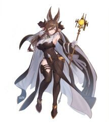 Rule 34 | 1girl, animal ears, artist name, bare shoulders, black dress, breasts, brown hair, closed eyes, dress, fikkyun, full body, galleon (granblue fantasy), granblue fantasy, highres, holding, holding staff, large breasts, long hair, sleeveless, sleeveless dress, solo, staff