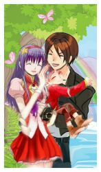 1girl 2boys asamiya_athena baby brown_hair carrying carrying_baby carrying_person hair_ornament idol kusanagi_kyou multiple_boys psycho_soldier purple_hair snk star_(symbol) star_hair_ornament the_king_of_fighters