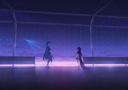 2girls absurdly_long_hair aqua_halo aris_(blue_archive) artist_request black_coat black_hair black_jacket black_pantyhose black_shoes black_skirt black_socks blue_archive breasts cloud coat collared_shirt drone game_cg gun halo hand_on_own_arm handgun height_difference high_heels highres hologram holster holstered indoors jacket large_breasts light_rays long_hair looking_at_another m1911 mechanical_halo multicolored_coat multiple_girls non-web_source official_art one_side_up pantyhose pleated_skirt profile reflection reflective_floor rio_(blue_archive) shirt shoes skirt sky socks spoilers star_(sky) starry_sky sweater thigh_holster thigh_strap turtleneck turtleneck_sweater twilight two-tone_coat very_long_hair weapon white_coat white_shirt white_shoes white_sweater