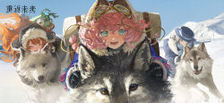 Rule 34 | :d, aqua eyes, backpack, bag, black coat, black gloves, black hat, blue bow, blue flower, blue scarf, blue sky, bow, brown coat, brown hat, closed eyes, coat, copyright name, copyright notice, day, dog, eyewear strap, floating hair, flower, fur-trimmed coat, fur-trimmed headwear, fur trim, furrowed brow, gloves, goggles, goggles on headwear, grey eyes, grey hair, hair bun, hat, hat bow, hat over one eye, highres, husky, logo, long hair, looking at viewer, lower teeth only, mountain, ms. radio, nautika (reverse:1999), official alternate costume, official art, official wallpaper, one eye covered, open mouth, orange hair, outdoors, pink hair, purple coat, radio, reverse:1999, riding, riding animal, scarf, short hair, single side bun, sky, smile, snow, sonetto (reverse:1999), teeth, trapper hat, upper body, ushanka, vertin (reverse:1999)