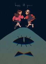 Rule 34 | 1boy, 1girl, 1other, :d, absurdres, baseball cap, bill cipher, blue skirt, blue vest, book, bow, bowtie, brown hair, cargo shorts, chromatic aberration, different shadow, dipper pines, english text, from behind, fruiitlins, full body, gravity falls, grin, hairband, hat, highres, holding, holding book, jacket, looking at another, mabel pines, one-eyed, open mouth, pink sweater, red jacket, running, short hair, shorts, skirt, slit pupils, smile, socks, sweater, two-tone hat, vest, white socks, worried