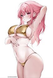 1girl arm_up bikini breasts curvy gold_bikini heart heart-shaped_pupils highres hololive hololive_english large_breasts long_hair meichan mori_calliope navel pink_eyes pink_hair simple_background solo stomach swimsuit symbol-shaped_pupils virtual_youtuber white_background