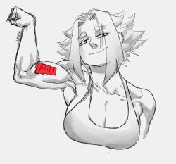 Rule 34 | absurdres, breasts, cleavage, collarbone, flexing, greyscale, highres, limn044, medium breasts, monochrome, muscular, muscular female, original, roxan (limn044), short hair, smile, tank top
