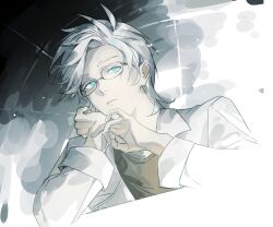 Rule 34 | 1boy, ang50, blue eyes, brown shirt, chinese commentary, closed mouth, commentary request, cropped torso, glasses, head rest, highres, jacket, kanou aogu, lapels, long sleeves, male focus, notched lapels, open clothes, open jacket, saibou shinkyoku, shirt, short hair, solo, white hair, white jacket