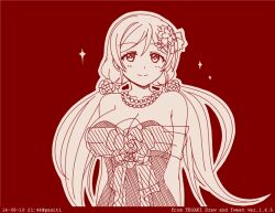 1girl 3: bare_shoulders bead_necklace beads breasts cleavage closed_mouth collarbone commentary dated dress flower frown hair_flower hair_ornament hashtag-only_commentary jewelry looking_at_viewer love_live! love_live!_school_idol_project low_twintails necklace pas_(paxiti) red_theme simple_background solo sparkle split_mouth strapless strapless_dress tegaki_draw_and_tweet tojo_nozomi twintails twitter_username