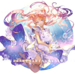 1girl animal aria_(manga) aria_company_uniform aria_pokoteng bare_legs barefoot blue_bow blue_bowtie blue_eyes blush bow bowtie bubble cat closed_mouth copyright_name dress floating_hair full_body gold_trim hair_tubes holding holding_animal holding_cat hoshikako_(koz) long_hair looking_at_viewer lowres mizunashi_akari pink_hair sailor_collar short_sleeves smile soles toes underwater very_long_hair white_cat white_dress