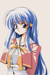 1990s_(style) 1girl amasawa_ikumi blue_eyes blue_hair hair_ornament hairclip highres long_hair longmei_er_de_tuzi moon_(game) retro_artstyle school_uniform solo