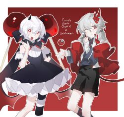 1boy 1girl black_bow black_dress bow bowtie candy_apple candy_apple_cookie closed_mouth commentary cookie_run cookie_run:_kingdom crossover demon_boy demon_horns dress elsword food fructoseies hashtag-only_commentary highres horns humanization looking_at_viewer pointy_ears puffy_sleeves red_eyes short_hair smile stirbargen_(elsword) white_hair
