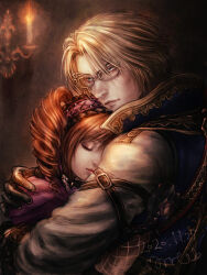 1boy 1girl :| amy_sorel aqua_eyes black_gloves blonde_hair candle closed_eyes closed_mouth dated drill_hair father_and_daughter glasses gloves headdress highres hug looking_ahead morito_leaf9 orange_hair raphael_sorel soul_calibur soulcalibur soulcalibur_vi upper_body variant_set