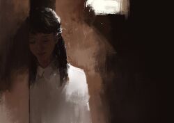 1girl black_hair closed_eyes collared_shirt long_hair original painting_(medium) photorealistic realistic shadow shirt slow_d solo traditional_media white_shirt score:0 rating:general Rule 34 | 1girl, black hair, closed eyes, collared shirt, long hair, original, painting (medium), photorealistic, realistic, shadow, shirt, slow d, solo, traditional media, white shirt