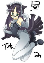 1girl animal_ears black_hair black_leotard black_shoes cat_ears cat_girl cat_tail elbow_gloves frilled_gloves frilled_leotard frills full_body gloves green_eyes grey_gloves grey_pantyhose high_heels highres leotard long_hair maid_headdress mary_janes original pantyhose parted_lips semi-rimless_eyewear shoes simple_background solo tail veloexotica very_long_hair white_background