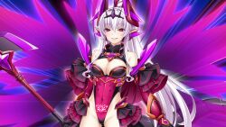 1girl abystia_dragoon armor bare_shoulders breasts cleavage corruption covered_navel cowboy_shot dark_persona demon_horns detached_sleeves elbow_gloves energy_wings faulds game_cg gloves gluteal_fold grin hair_between_eyes headgear highleg highleg_leotard holding holding_polearm holding_weapon horns inoino kouyoku_senki_exs-tia large_breasts leotard long_hair looking_at_viewer medium_breasts non-web_source official_art pink_eyes pointy_ears polearm ponytail pubic_tattoo purple_wings red_eyes rieszverne_suzette_paladill showgirl_skirt smile solo standing tail tattoo very_long_hair weapon white_hair wings