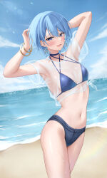 1girl :d absurdres arms_up beach bikini blue_bikini blue_eyes blue_hair blue_sky bracelet breasts choker cloud cowboy_shot day earrings gold_bracelet highres hololive hoshimachi_suisei jewelry looking_at_viewer navel ocean open_mouth outdoors shinigami_kiraki short_hair sky small_breasts smile solo star_(symbol) star_earrings stomach swimsuit virtual_youtuber