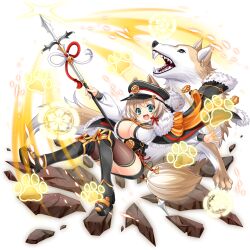 1girl aqua_eyes armor black_jacket bob_cut breasts cleavage crest dog family_crest fang full_body greaves grey_hair holding holding_polearm holding_weapon jacket large_breasts long_sleeves looking_at_viewer maeda_matazaemon_wanko_toshie motion_lines mtu_(orewamuzituda) open_clothes open_hand open_jacket open_mouth outstretched_arms polearm red_ribbon ribbon sengoku_koihime shiba_inu shirt short_hair simple_background skirt smile solo spear spread_fingers tareme thighhighs thighs transparent_background v-shaped_eyebrows weapon white_shirt
