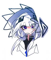 1girl black_shirt blending blue_eyes blunt_bangs cevio clenched_teeth collared_shirt dr_yamero hair_ornament highres kafu_(cevio) long_hair looking_at_viewer low_twintails parted_lips sanpaku sharp_teeth shirt simple_background solo teeth twintails twitter_username watermark white_background white_hair wide-eyed