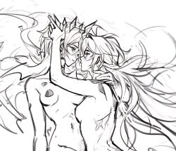 2girls arm_around_shoulder bronya_rand commentary crown earrings english_commentary eye_contact face-to-face highres honkai:_star_rail honkai_(series) jewelry long_hair looking_at_another mie_xing multiple_girls nude seele_(honkai:_star_rail) sketch very_long_hair