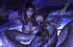 Rule 34 | 1girl, breasts, cassiopeia (league of legends), cleavage, facepaint, fake claws, flower, glowing, glowing eyes, hair flower, hair ornament, highres, japanese clothes, kimono, lamia, league of legends, looking at viewer, monster girl, parted bangs, purple hair, sleinyeswownc, solo, spirit blossom cassiopeia, tree