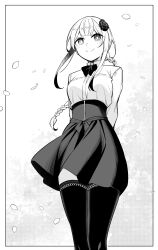 1girl absurdres arms_behind_back blush bow bowtie braid branch breasts closed_mouth dot_nose falling_petals female_focus flower flower_on_head gotokuayashi hair_flower hair_ornament high-waist_skirt highres kneehighs long_braid long_hair long_sleeves mashiro_madoka medium_breasts miniskirt monochrome official_art petals ribbon sensei_ore_ni_kamawazu_itte_kudasai!! shirt shirt_tucked_in skirt smile socks solo solo_focus thighhighs thighs