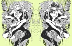 1boy alternate_hairstyle braid dual_persona flower giorno_giovanna green_theme haruno_shiobana jojo_no_kimyou_na_bouken male_focus monochrome nosuke_(umiboshi) plant ponytail symmetry vento_aureo yellow_background