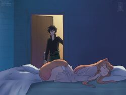 1boy 1girl animal_ears arm_shield artist_name ass black_hair black_shirt blanket closed_eyes closed_mouth commentary_request expressionless full_body green_eyes green_pants grey_nightgown high_collar highres indoors iwatani_naofumi long_hair long_sleeves looking_at_another lying messy_hair night on_bed on_stomach orange_hair panties pants pillow pixiv_id raccoon_ears raccoon_girl raccoon_tail raphtalia shirt short_hair standing tail tate_no_yuusha_no_nariagari tumblr_username underwear upper_body vk_username white_panties yuria-chu