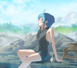 1girl absurdres alternate_hairstyle arm_support black_dress blush bottle closed_eyes commentary daimaou_cc day dress english_commentary feet_out_of_frame hair_bun highres horizon mountainous_horizon mushoku_tensei official_alternate_costume on_rock outdoors roxy_migurdia short_dress short_hair sitting sky sleeveless sleeveless_dress solo thighs wet