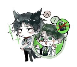 Rule 34 | !?, 2boys, :3, animal collar, animal ears, black eyes, black hair, black vest, blush, cat ears, cat tail, chibi, chibi only, circle, clenched hand, coat, collar, collared shirt, dongrang (project moon), full body, glasses, green eyes, green hair, green necktie, hand on own arm, highres, implied yuri, index finger raised, kemonomimi mode, limbus company, looking at another, multiple boys, narrowed eyes, necktie, project moon, samjo (project moon), shirt, short hair, sparkle, spiked hair, spoken interrobang, spoken x, standing, sweatdrop, tail, upper body, vest, white background, white coat, white shirt, wuruko