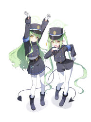 2girls absurdres angcha blue_archive demon_tail flat_chest full_body green_hair hat highres hikari_(blue_archive) looking_at_viewer multiple_girls nozomi_(blue_archive) siblings simple_background standing tail twins twintails white_background yellow_eyes