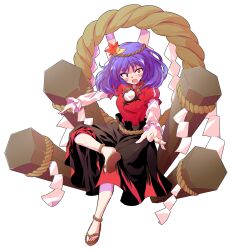 1girl alphes_(style) anklet commentary_request crossed_legs dairi full_body hair_ornament highres jewelry leaf leaf_hair_ornament long_skirt looking_at_viewer maple_leaf onbashira outstretched_arms parody purple_hair red_eyes rope sandals shimenawa sitting skirt smile solo style_parody tachi-e touhou transparent_background tunic yasaka_kanako