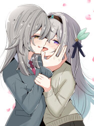 2girls absurdres akabeko123 alternate_costume black_hairband blush cardigan collared_shirt firefly_(honkai:_star_rail) grey_cardigan grey_hair hairband hand_on_another&#039;s_face heart highres holding_own_arm honkai:_star_rail honkai_(series) licking_lips long_hair looking_at_another multiple_girls necktie open_mouth purple_eyes red_necktie school_uniform shirt simple_background stelle_(honkai:_star_rail) tongue tongue_out trailblazer_(honkai:_star_rail) white_background white_shirt yellow_cardigan yellow_eyes yuri