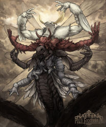 4boys armor arms_up cloud cloudy_sky full_armor fur_trim fusion gauntlets helm helmet arthropod_boy insect_wings inuinu_(project_october) isopod male_focus monster moth_boy multiple_boys multiple_wings muscular pauldrons pixiv_fantasia pixiv_fantasia_4 shoulder_armor sky vambraces wings