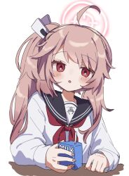 1girl ahoge black_sailor_collar blue_archive blue_shirt bow dot_nose drink elbow_rest hair_bow halo highres holding holding_drink light_blush long_hair looking_at_viewer milk_carton natsu_(blue_archive) neckerchief open_mouth pink_hair pink_halo raised_eyebrows red_eyes red_neckerchief sailor_collar sailor_shirt saku_(saku_3193) shirt side_ponytail sidelocks simple_background upper_body white_background white_bow