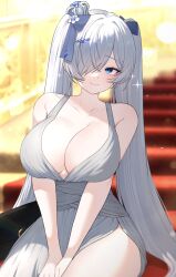 1girl bare_arms bare_shoulders blue_eyes blurry blurry_background breasts cinderella_(nikke) cleavage closed_mouth collarbone dress goddess_of_victory:_nikke grey_dress grey_hair hair_ornament hair_over_one_eye highres hyeroin large_breasts long_hair looking_at_viewer one_eye_covered plunging_neckline smile solo sparkle v_arms very_long_hair